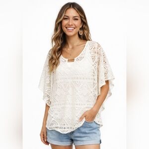GNW Medium Ivory Crochet Lace Poncho Top Key Hole Neck Layered Tank Boho Airy